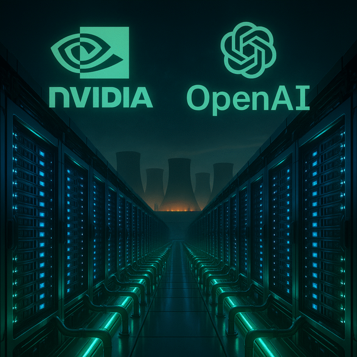 "NVIDIA OpenAI 10 GW AI data center concept with GPU racks and power plants"