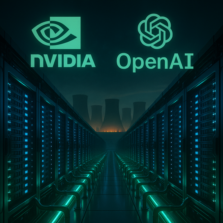 "NVIDIA OpenAI 10 GW AI data center concept with GPU racks and power plants"