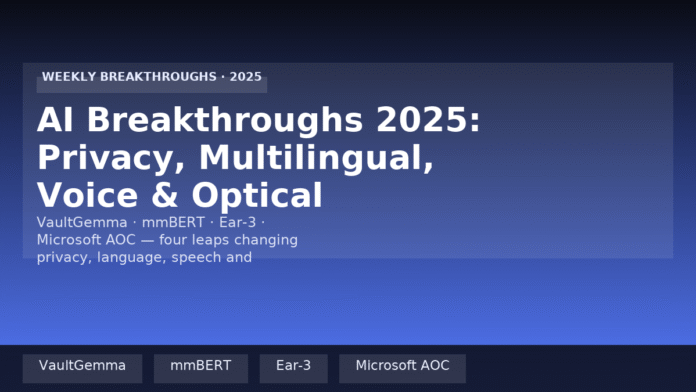 AI Breakthroughs 2025 — Privacy, Multilingual, Voice and Optical (VaultGemma, mmBERT, Ear-3, Microsoft AOC)