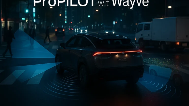 Nissan crossover using Wayve ProPILOT sensors navigating a busy Tokyo intersection at night with radar/lidar overlays.