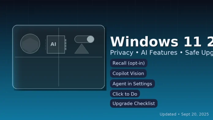 Windows 11 24H2 Made Simple: Your Friendly Guide to Privacy, AI Features & Safe Upgrades Illustration of Windows 11 24H2 privacy, AI, and safe upgrade — shield, AI chip, upgrade arrow, and toggle icons.
