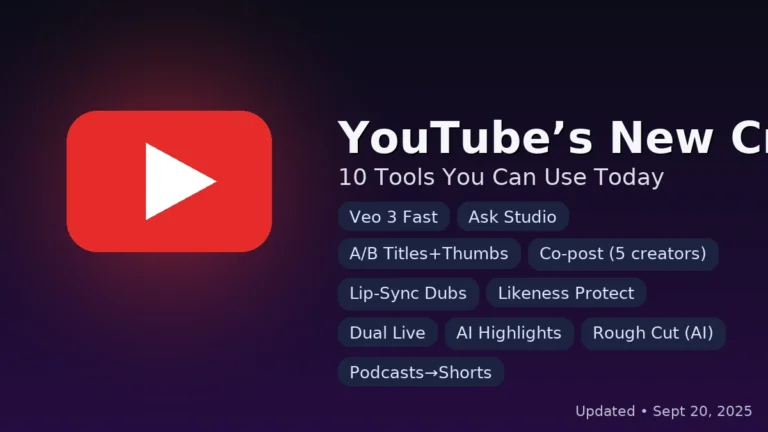 YouTube Creator Toolkit — 10 new tools (Veo 3 Fast, Ask Studio, A/B testing, co-posting, lip-sync dubs, likeness protection, dual Live, AI highlights, rough cut, podcasts to Shorts)